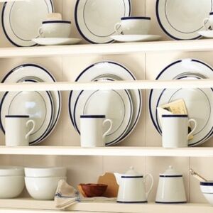 Williams Sonoma Blue Banded Porcelain Brasserie Coffee Mugs Cups Set of Four 4